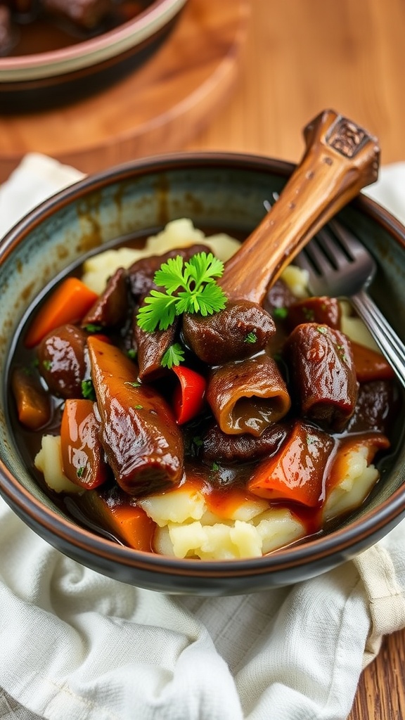 Savory Braised Beef Neck Bones Recipe A bowl of braised beef neck bones with gravy and vegetables served over mashed potatoes, garnished with parsley.